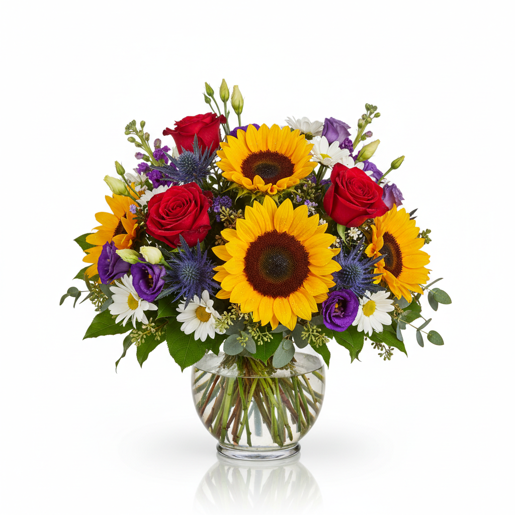 The Perfect Dozen — Sunflowers, Roses & Blue Thistle from Citywide Florists NYC